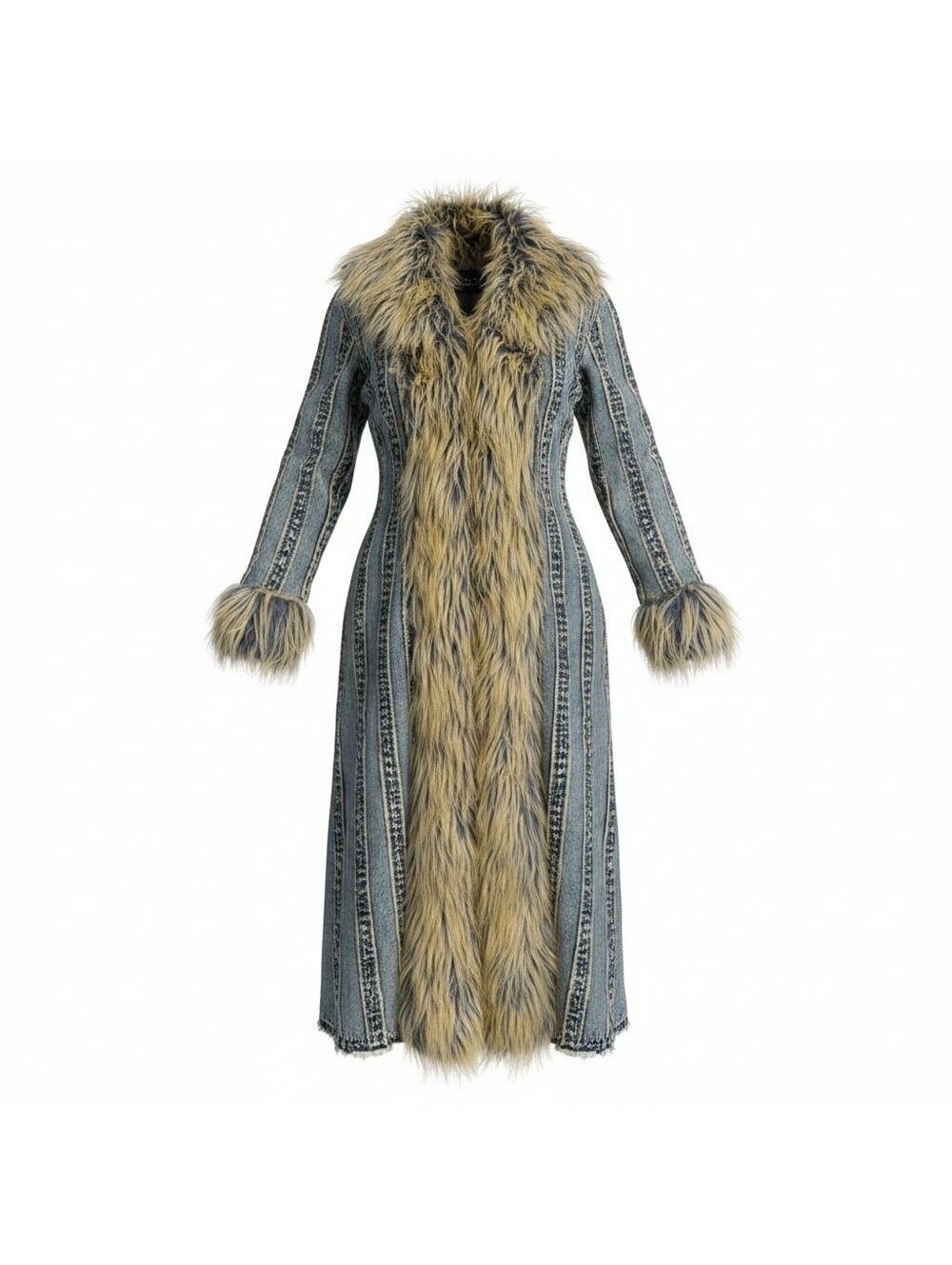 Washed Denim Faux Fur Maxi Trench